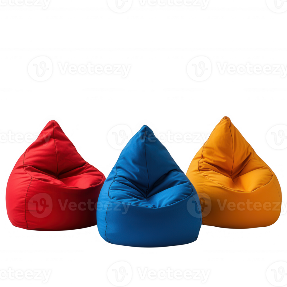Colorful bean bags in vibrant red, blue, and yellow perfect for modern living spaces. png