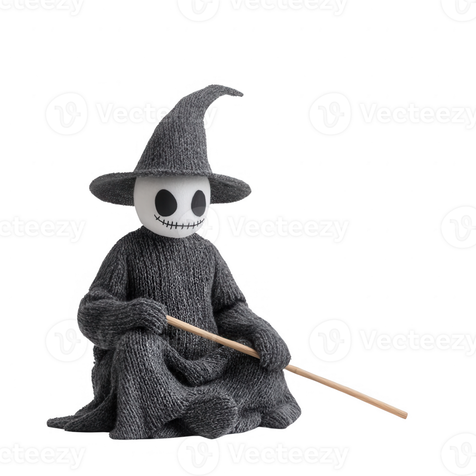 A whimsical character made of fabric, wearing a hat and holding a stick, perfect for art. png