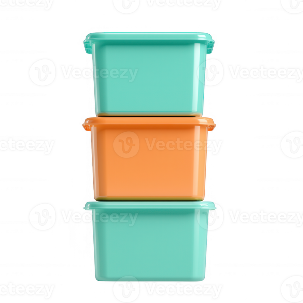 Colorful stacking storage containers organized for a neat home environment. png