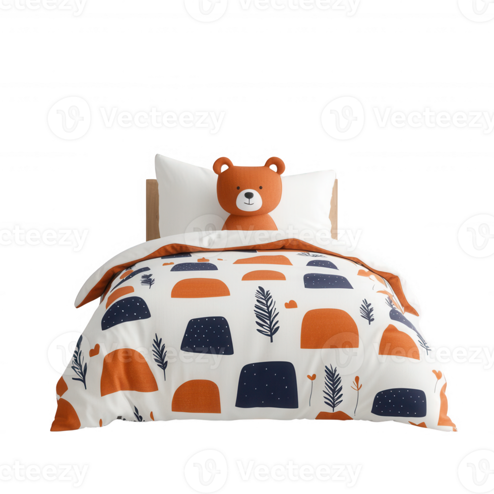 Cozy children's bedroom featuring a bear-themed bedding set and playful patterns. png