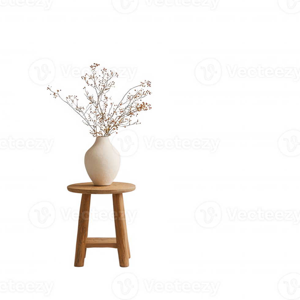 Elegant vase with dried flowers on a wooden stool for a minimalist decor. png