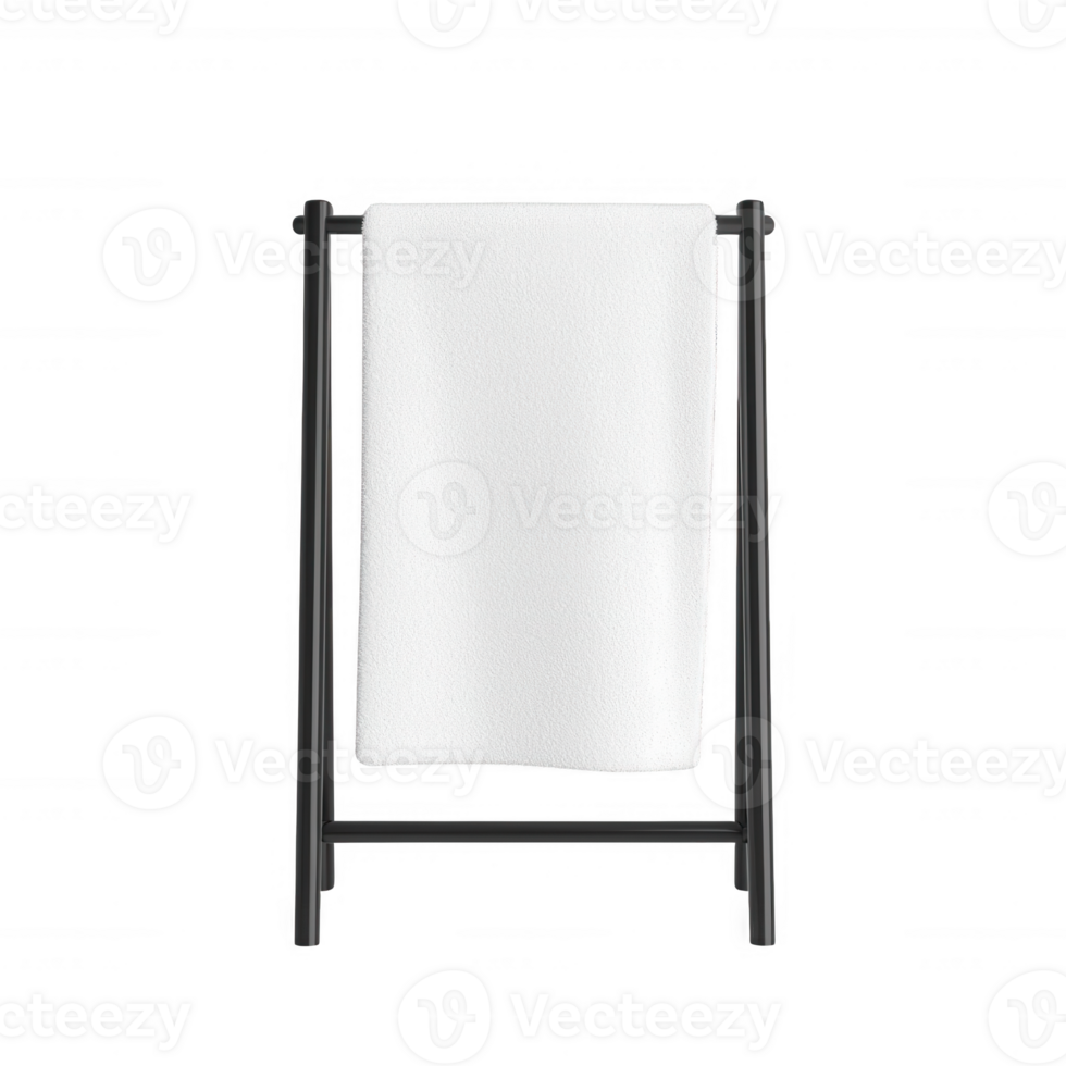 Minimalist towel rack with a crisp white towel displayed elegantly. png