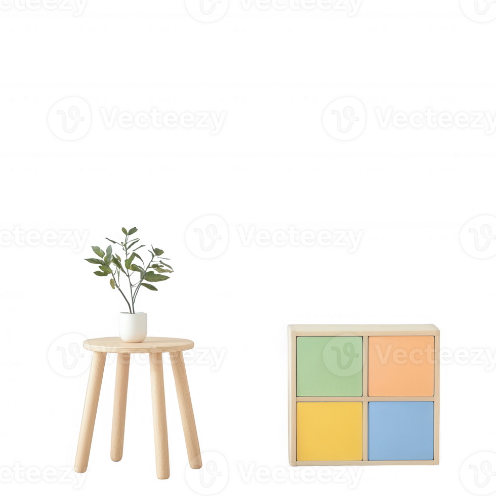 Minimalist decor with a plant on a stool and a colorful square frame for a modern touch. png