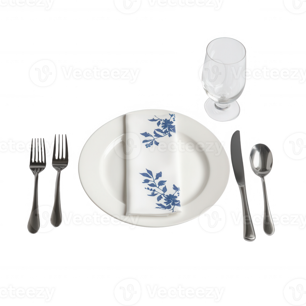 Elegant dining set with blue floral design, plate, napkin, cutlery, and glass. png
