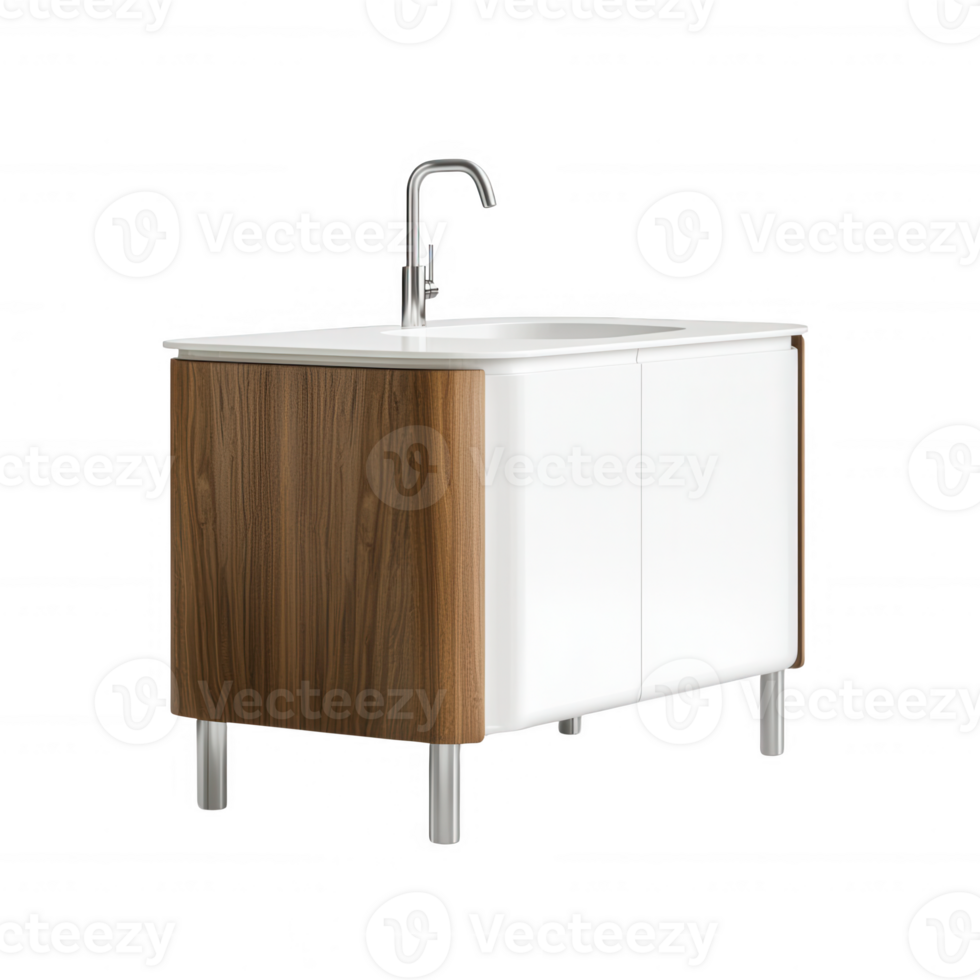 Modern kitchen sink cabinet with a sleek design and wood accents, perfect for interiors. png