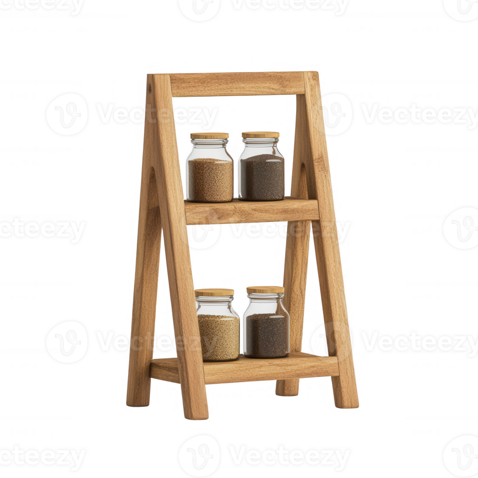 Stylish wooden shelf displaying jars of various grains and spices in a modern kitchen. png