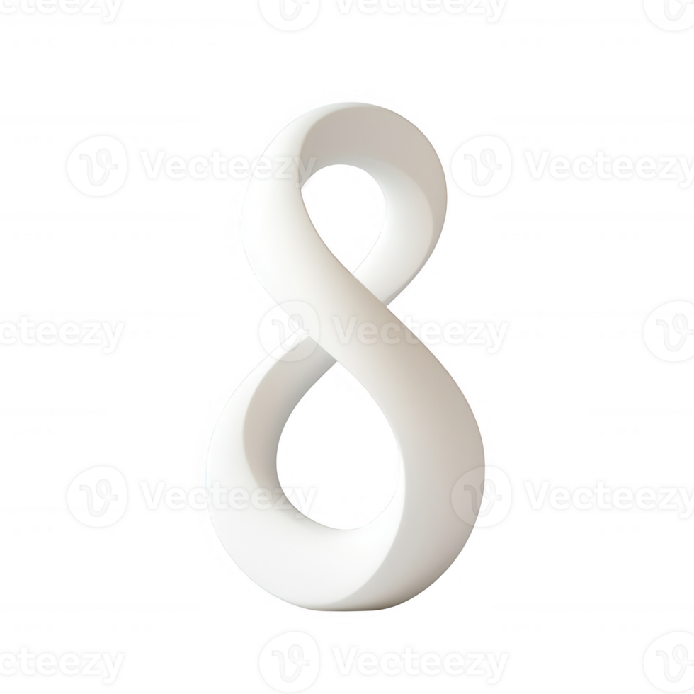 Stylish white 3D number eight with smooth curves and modern design. png