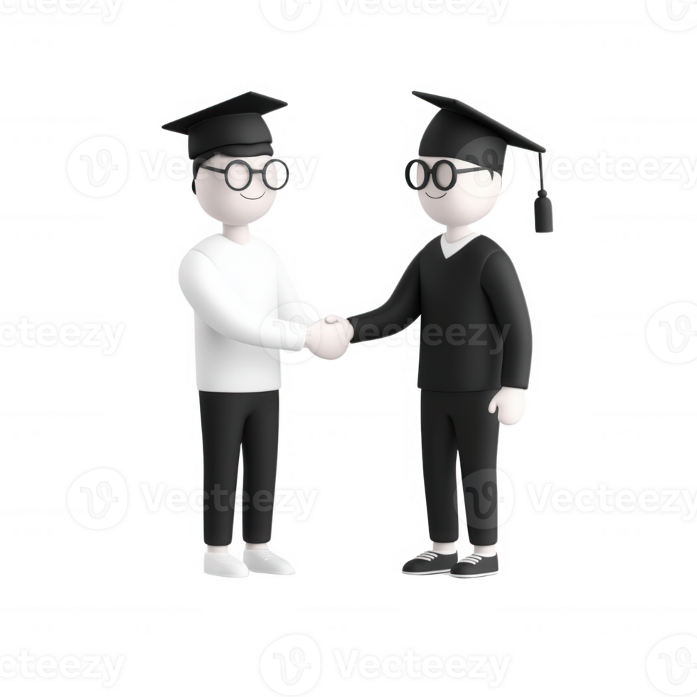 Two graduates shake hands, celebrating their achievements in a friendly atmosphere. png