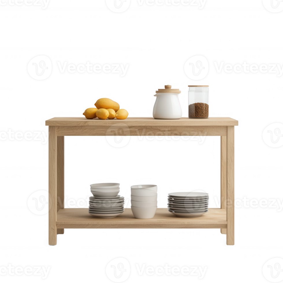 Stylish wooden table displaying fresh lemons and kitchenware for culinary inspiration. png