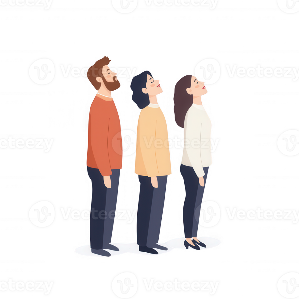 Three diverse individuals looking upwards with hopeful expressions in a casual setting. png