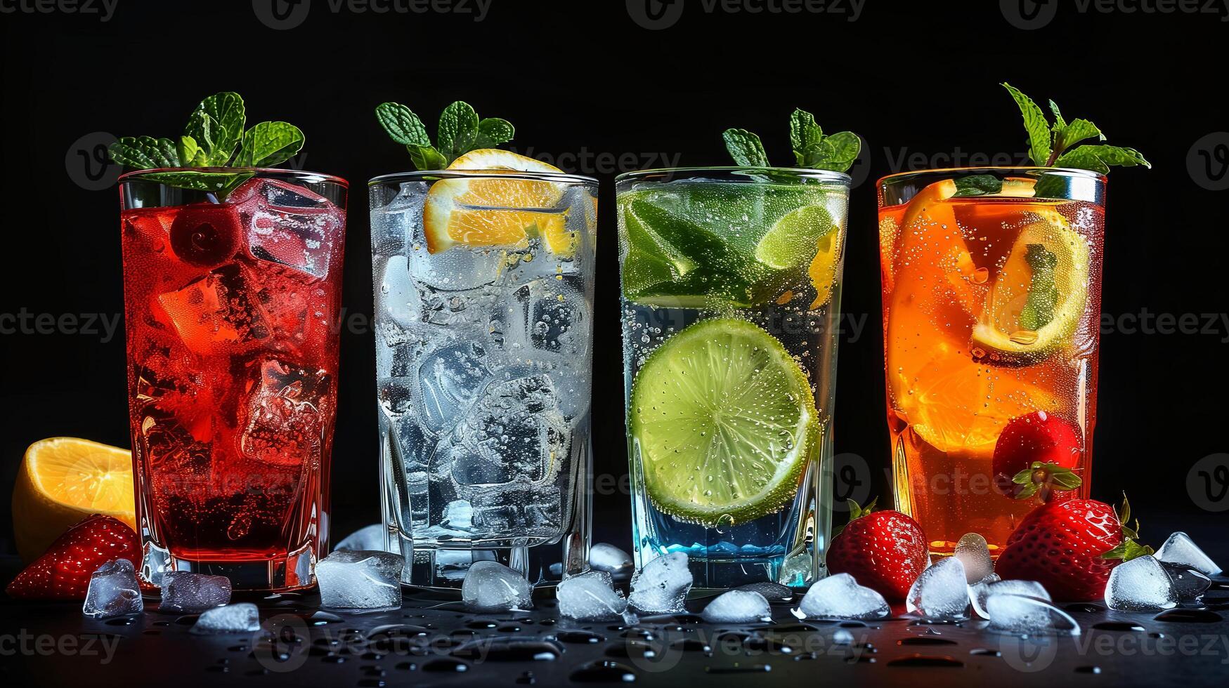 summer fresh drinks with ice collection in black background photo