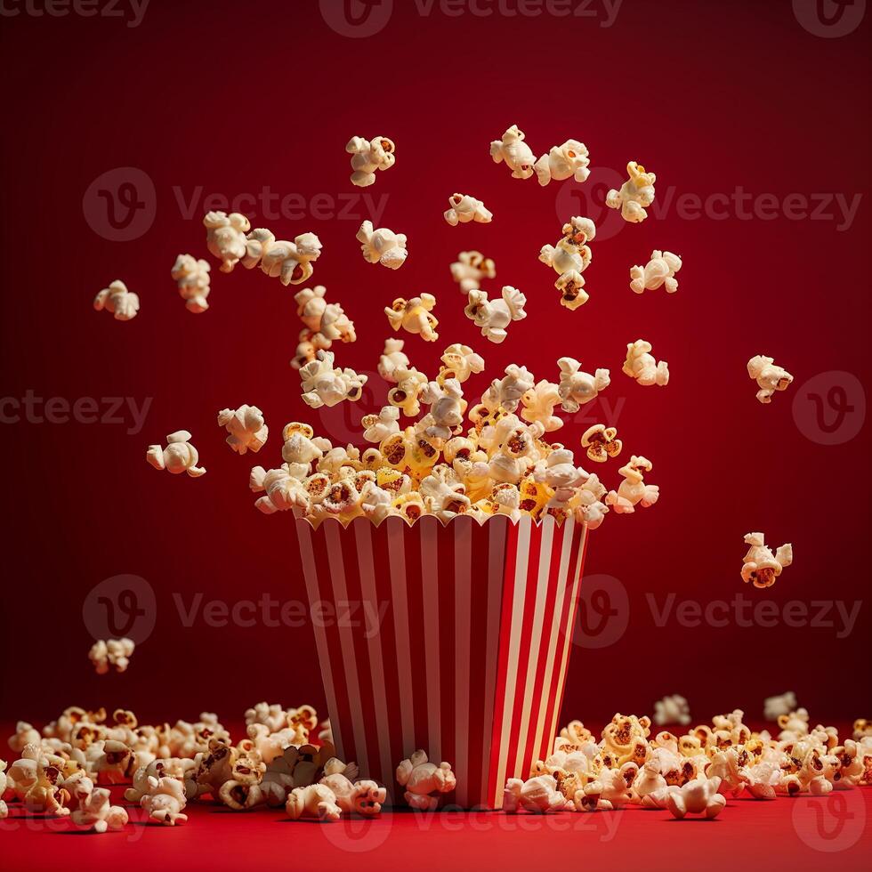 box of movie popcorn flying out with a red background with copy space photo