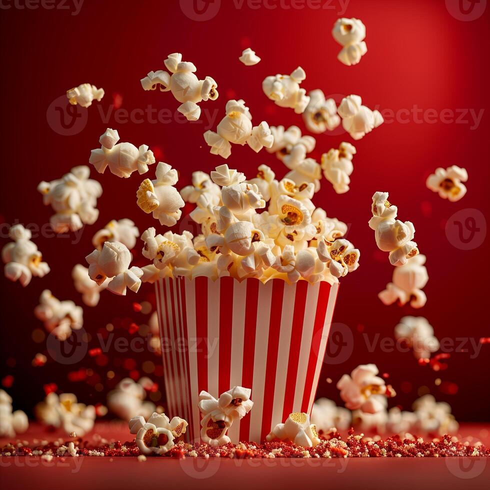 popcorn flying out the box with a red background with copy space photo