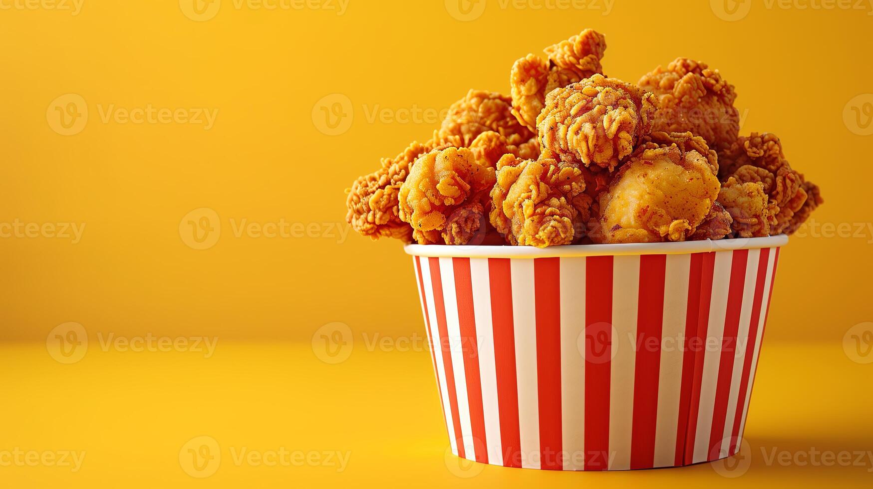 A bucket of fried chicken on yellow background with copy space photo