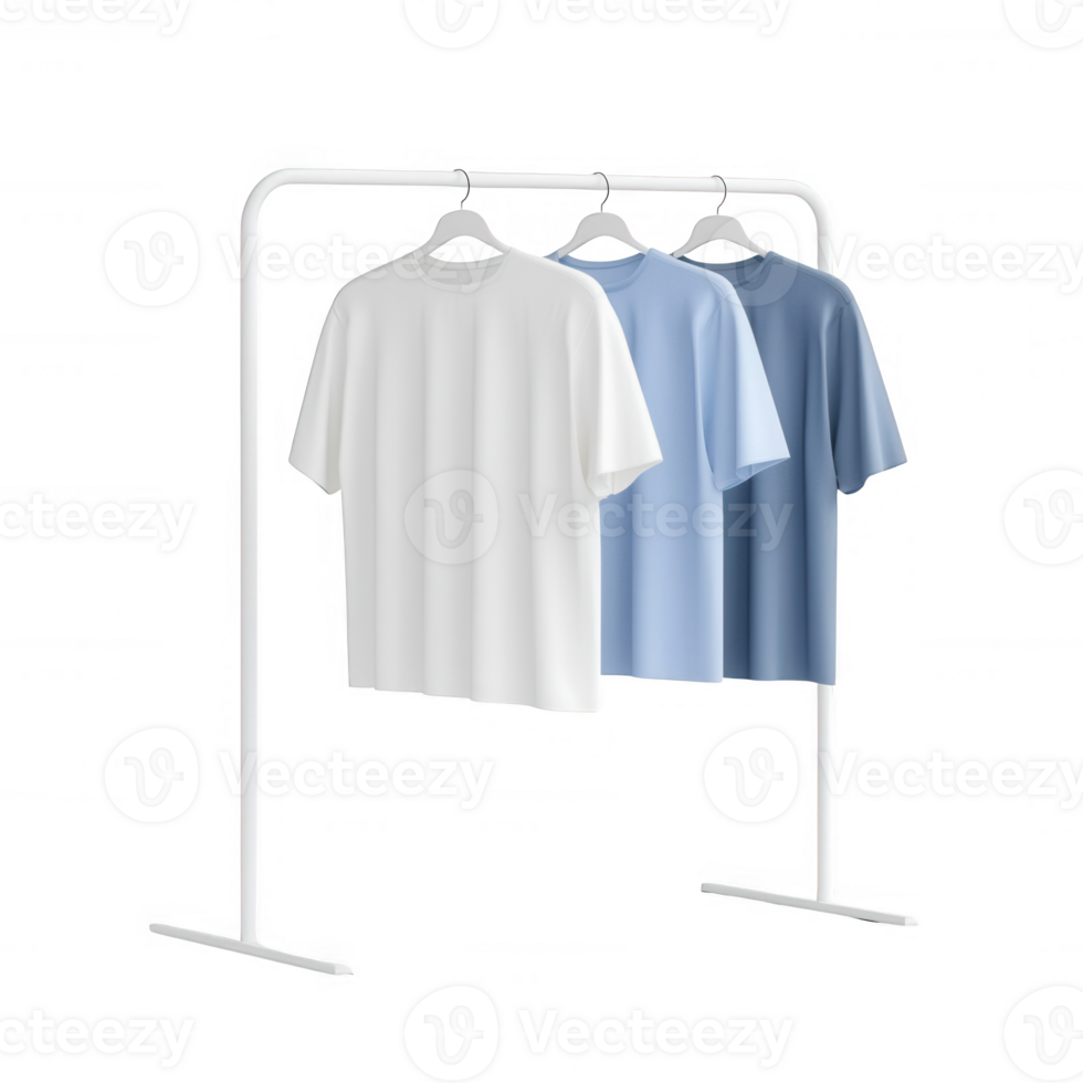 Three t-shirts hanging on a rack in varying shades of blue and white. png