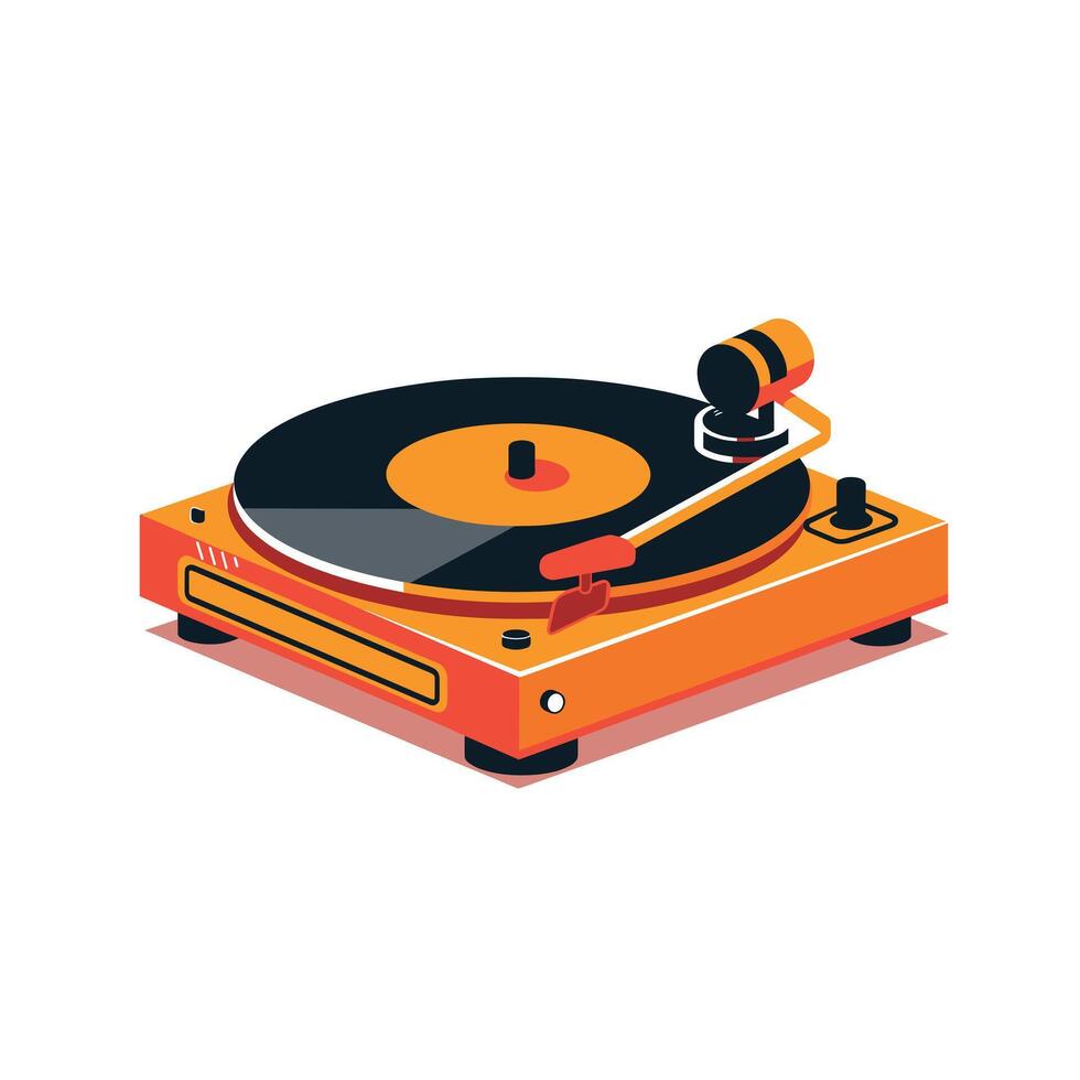 Vintage turntable with a vibrant orange design and spinning record at home vector