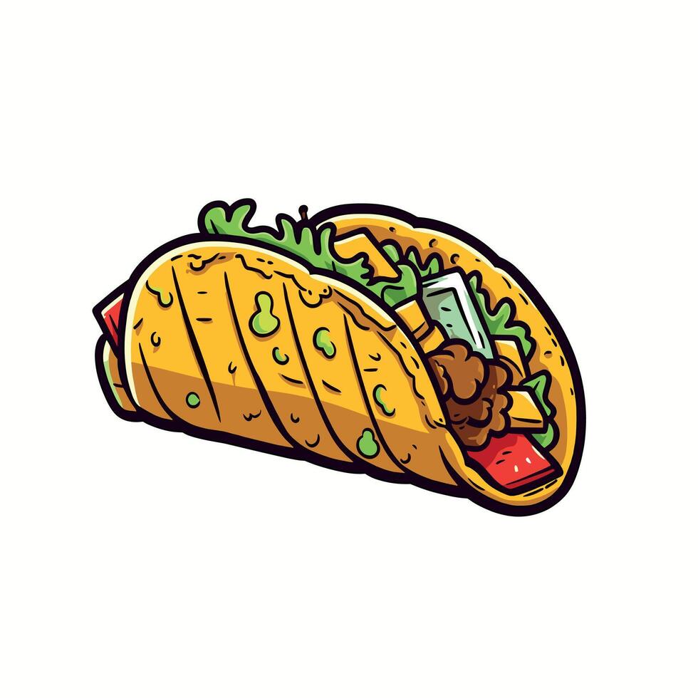 Delicious taco filled with vegetables and meat on a vibrant background vector