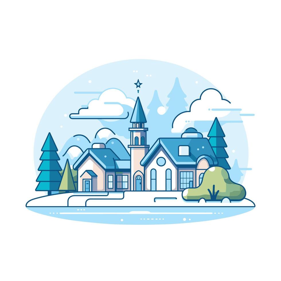Charming winter landscape featuring a quaint building and snowy trees in a serene setting vector