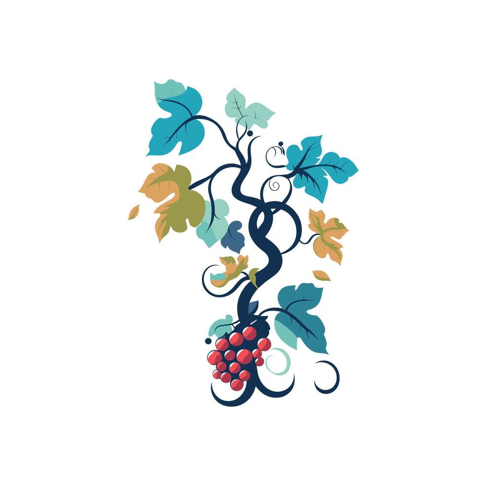 Colorful vine with grapes and leaves in a decorative style vector