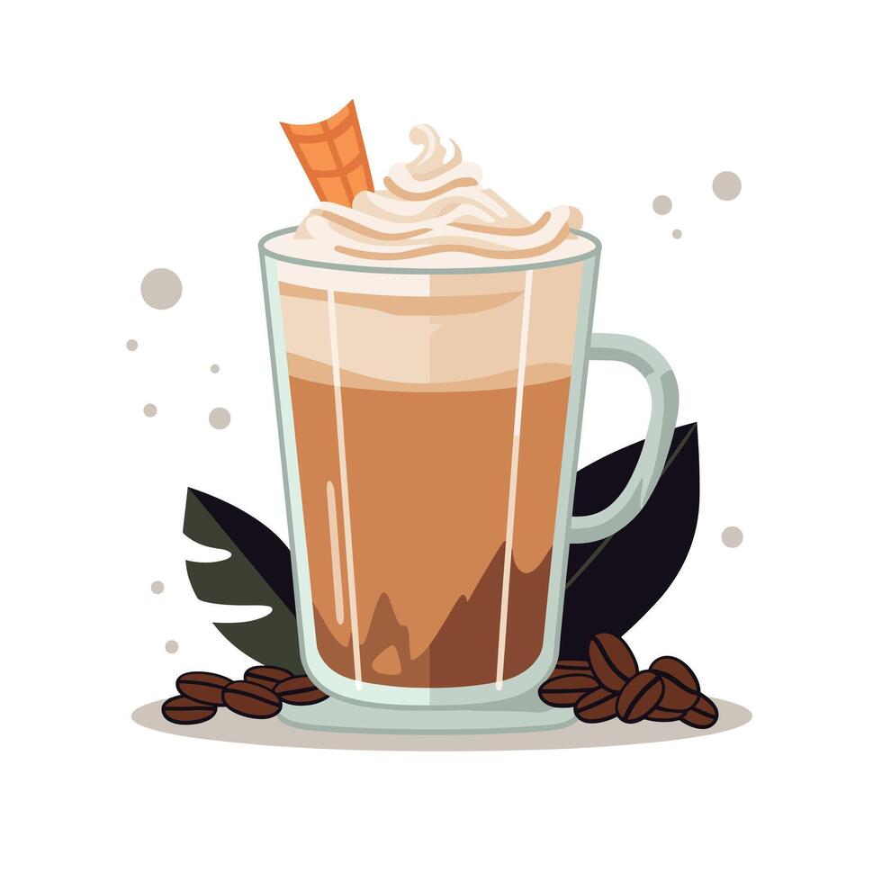 Stylish art of a delicious coffee drink topped with whipped cream and a wafer on a light background vector