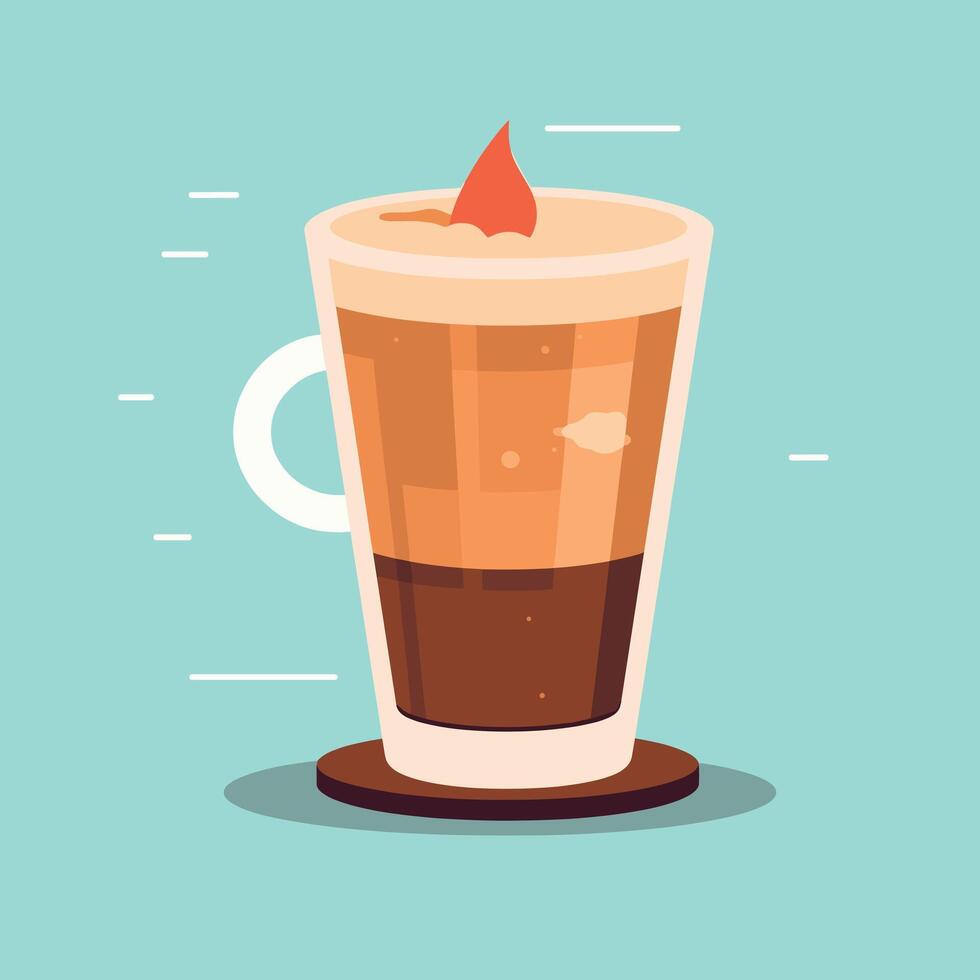 Delicious layered beverage in a clear glass with a cherry on top set against a mint green background vector