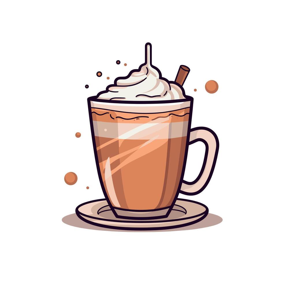 art representation of a delicious coffee drink topped with cream and a cinnamon stick on a plate vector