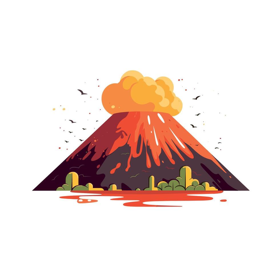 Volcanic eruption with flowing lava and surrounding landscape during daytime vector
