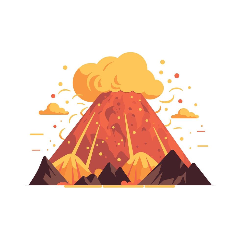 Erupting volcano in a vibrant landscape with clouds and lava flow vector