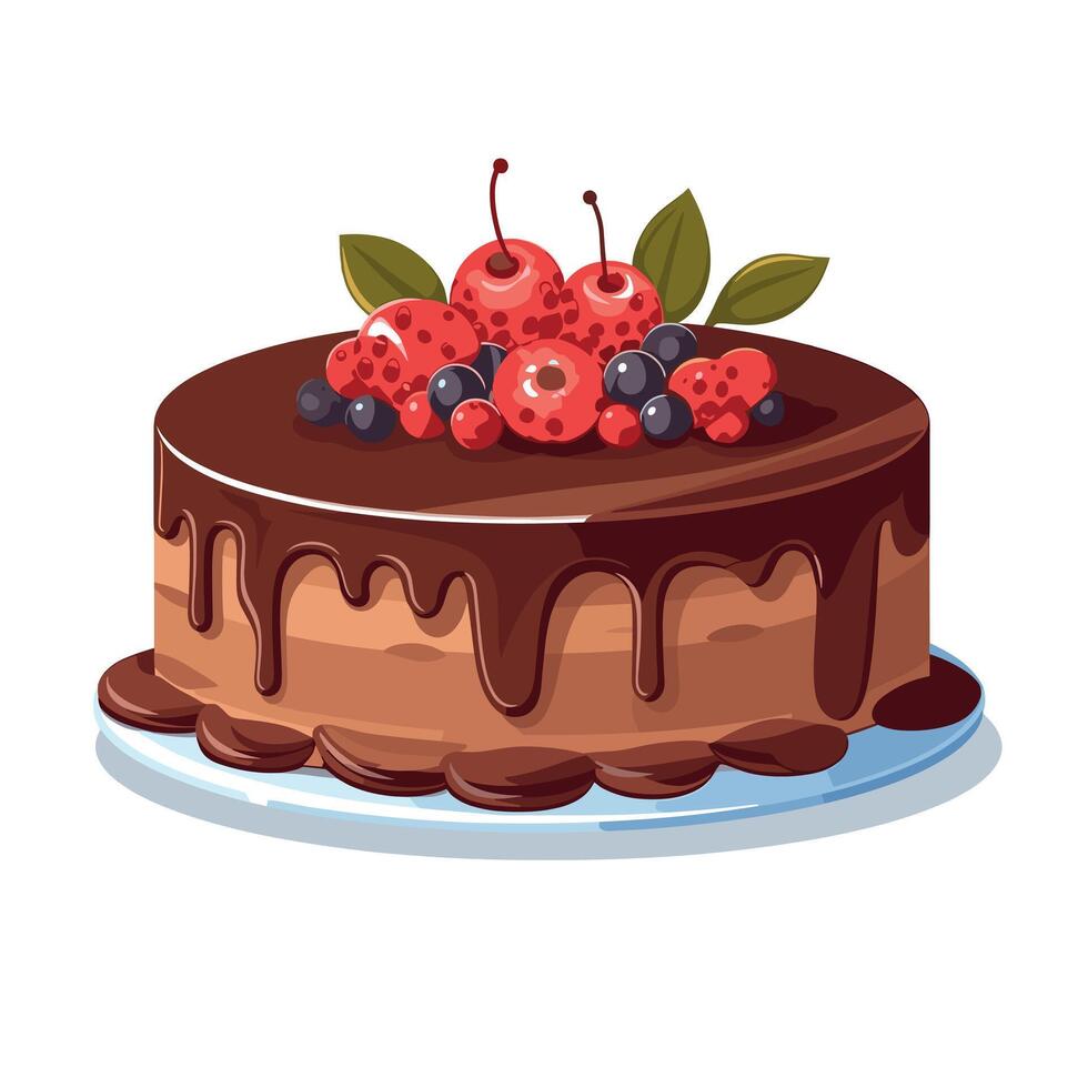 Delicious chocolate cake topped with fresh berries and chocolate drizzle ready for a special occasion vector