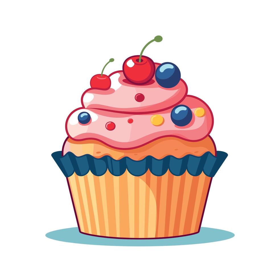 Delicious cupcake topped with cream, cherries, and berries in vibrant art style vector