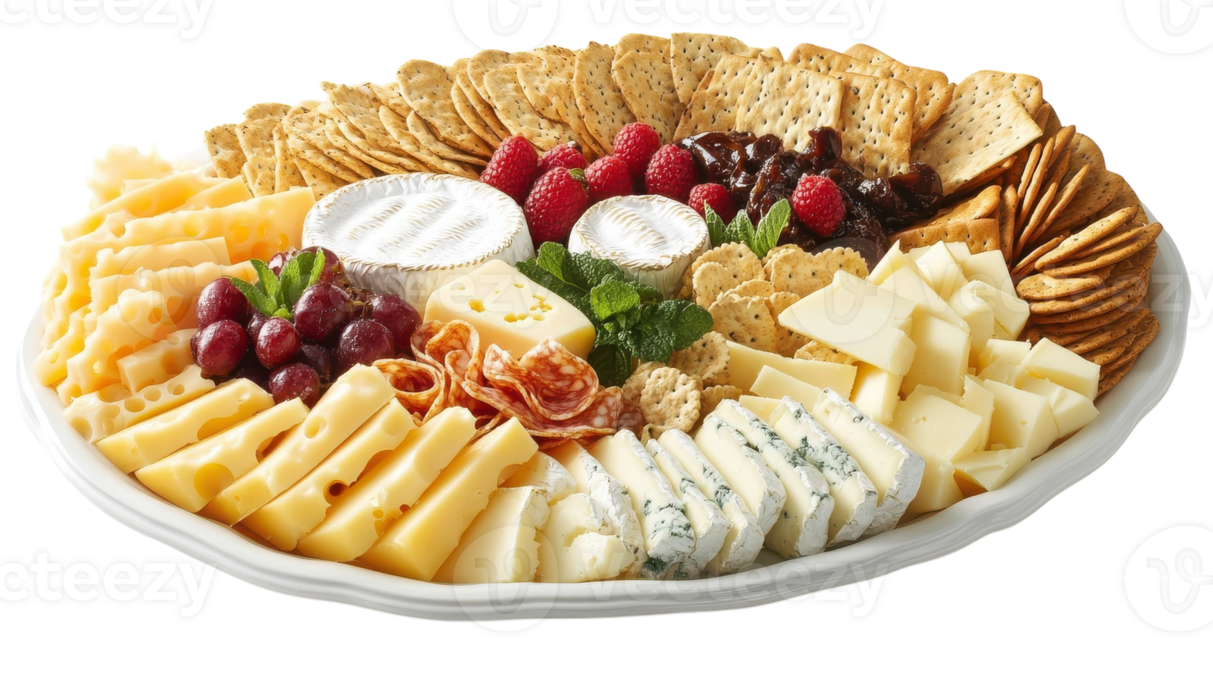 A Visually Appealing Platter of Assorted Cheeses and Crackers Perfect for Social Gatherings and Events. png
