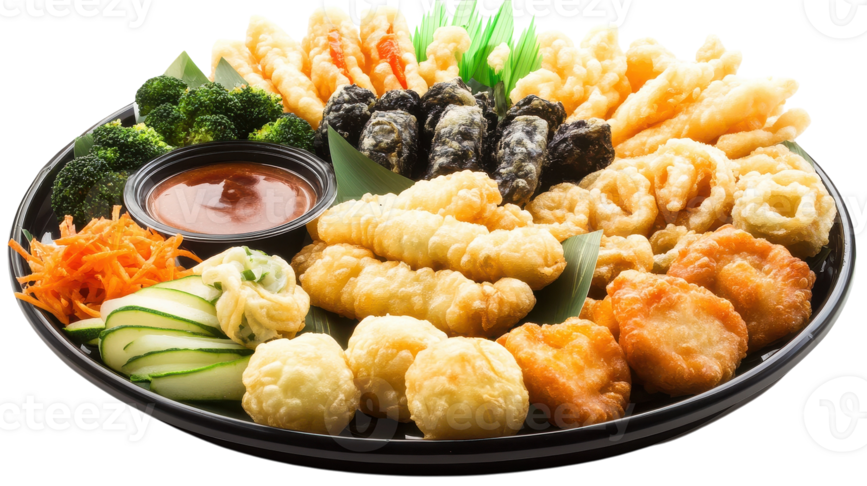 A Beautifully Arranged Platter of Vegetable Tempura Perfect for Sharing at Dinner Parties or Special Occasions. png