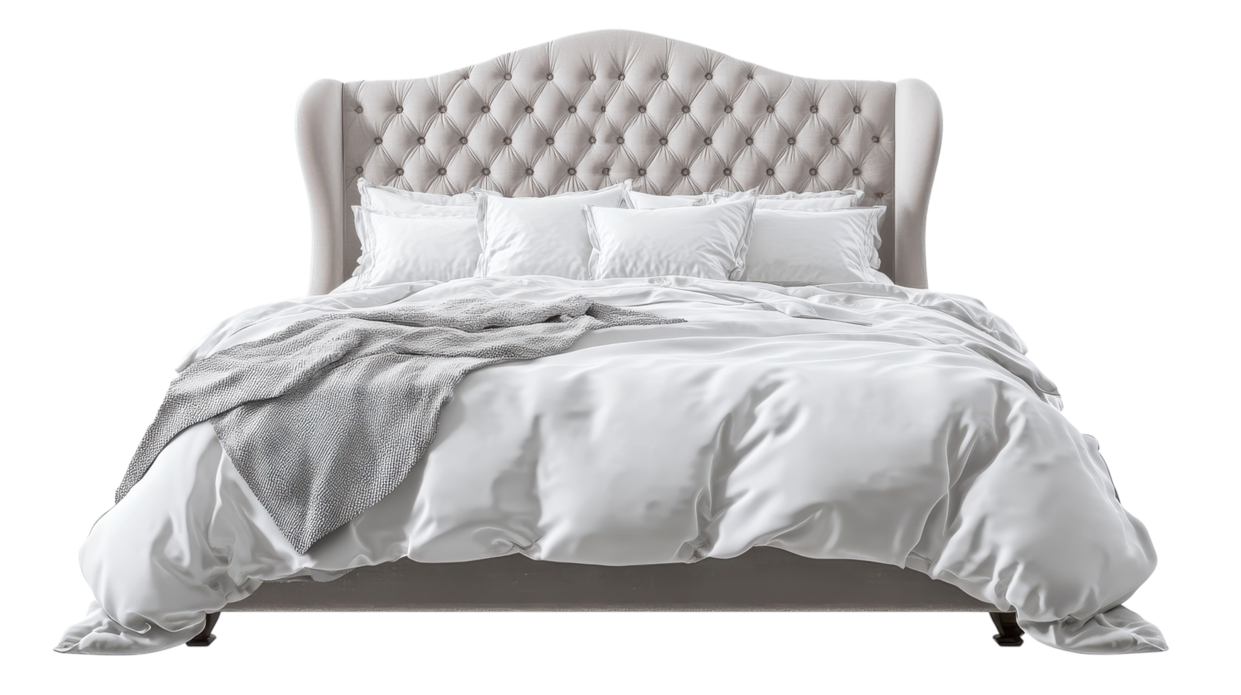 Elegant Queen Size Bed Draped in Luxurious White Linens Perfect for Stylish Bedroom Decor and Comfort. png