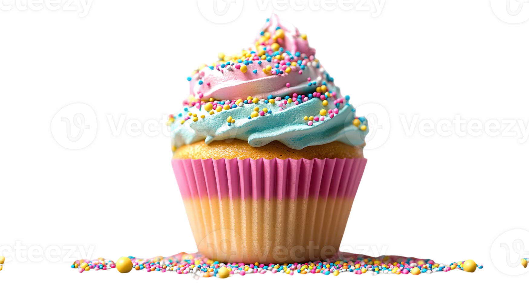 A cupcake with sprinkles on top and a rainbow png