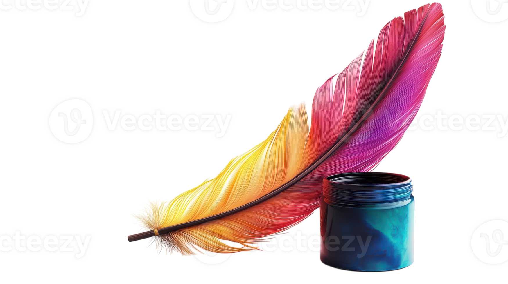 A colorful feather next to a bottle of ink png