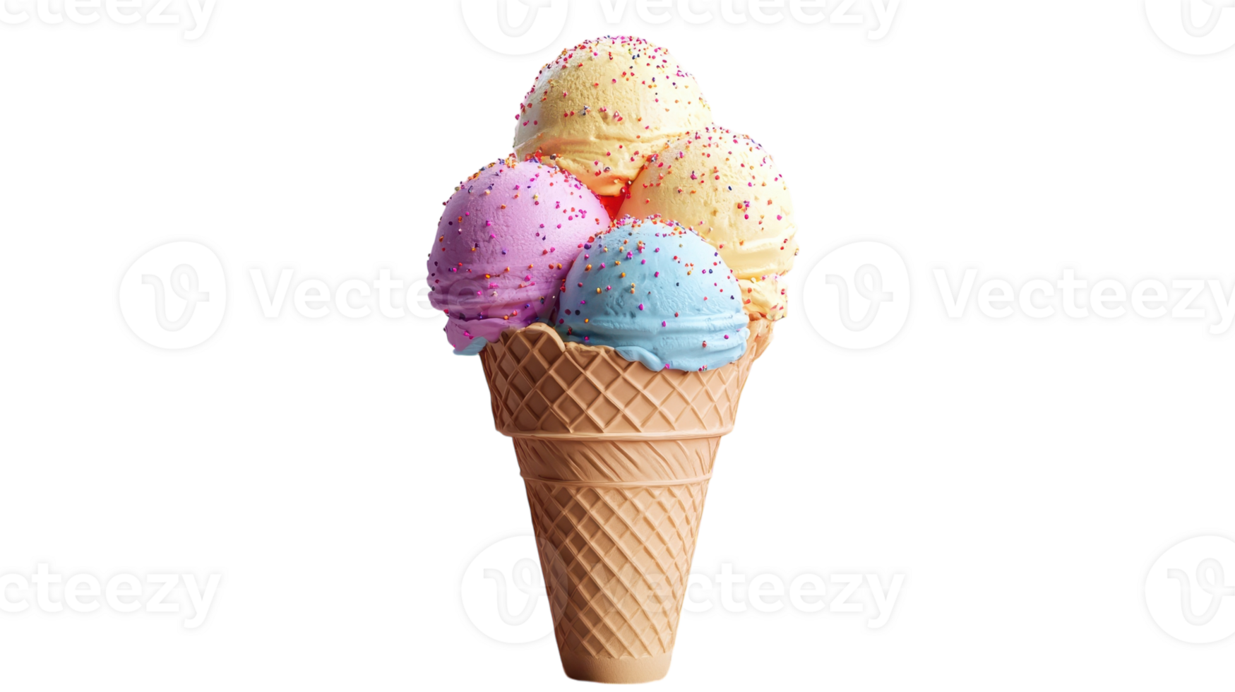 An ice cream cone with three different colored ice cream png