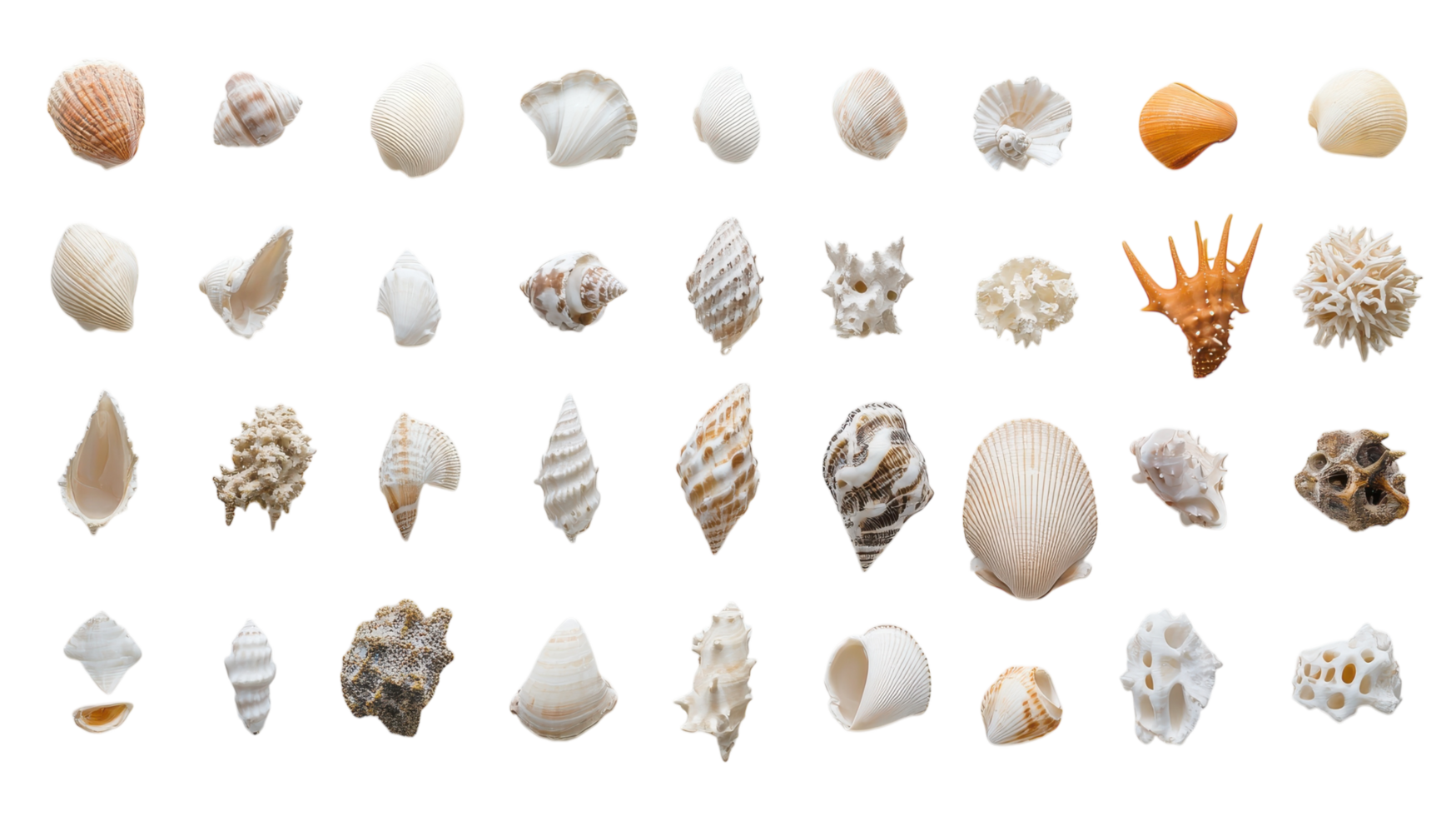 A Diverse Collection of Beautiful Seashells in Unique Shapes Perfect for Beach-Themed Decor and Craft Projects. png