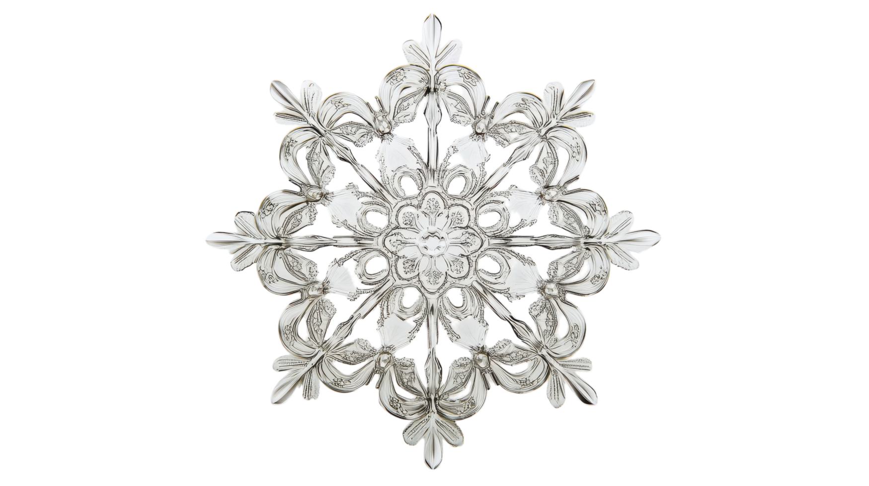 A crystal clear snowflake showcasing intricate patterns, perfect for illustrating winter, holiday themes, and the beauty of nature in design projects.. png