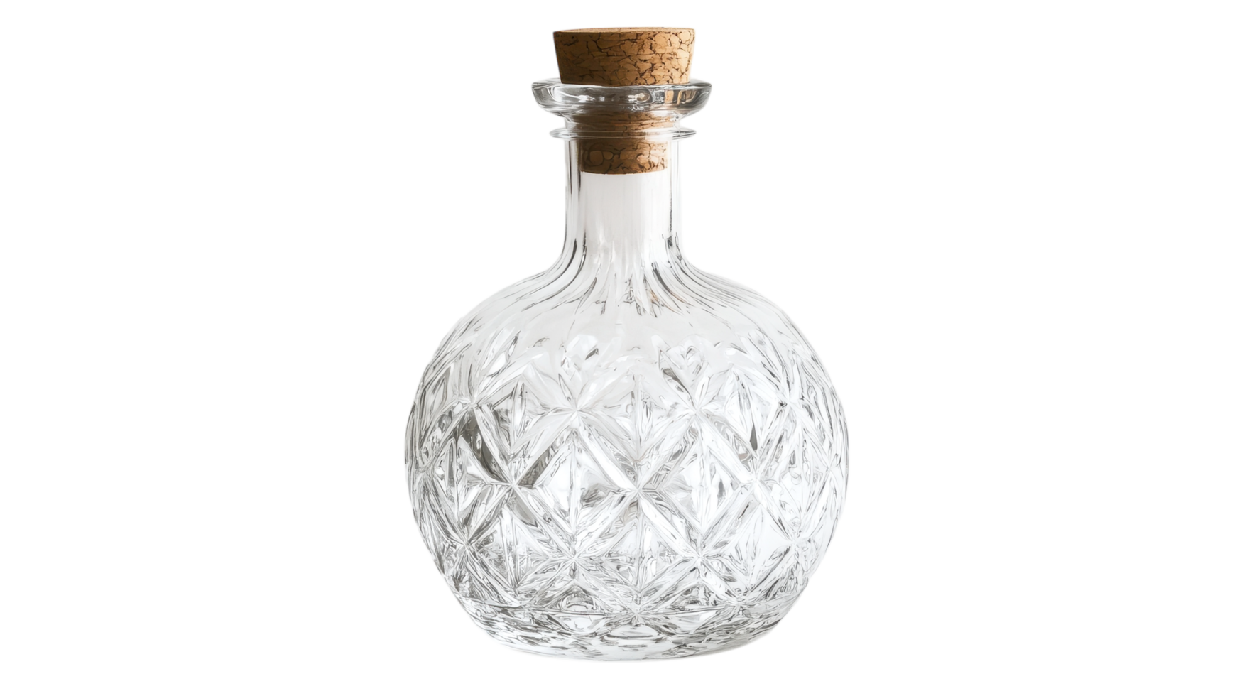 Elegant Crystal Decanter with Corked Top on a White Background Perfect for Home Bar or Dining Room Decoration. png