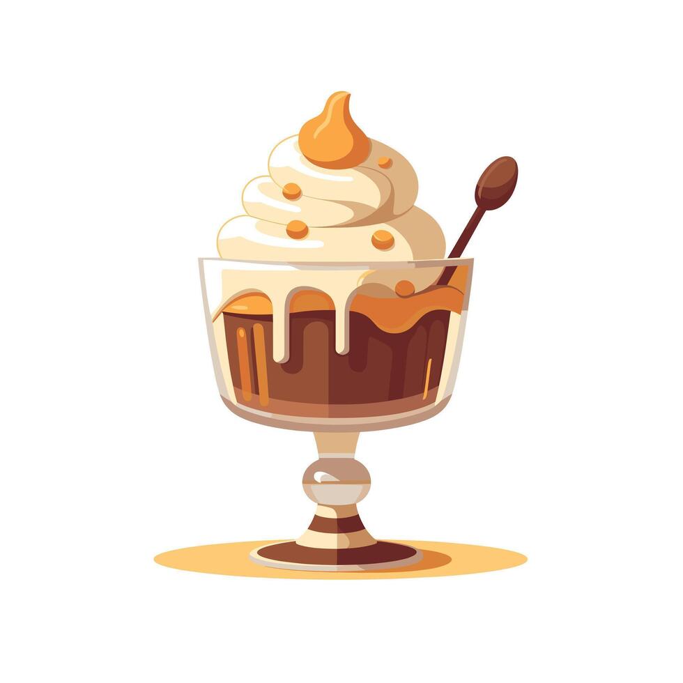 Delicious design of a creamy dessert served in a clear glass cup with swirling toppings and a spoon vector