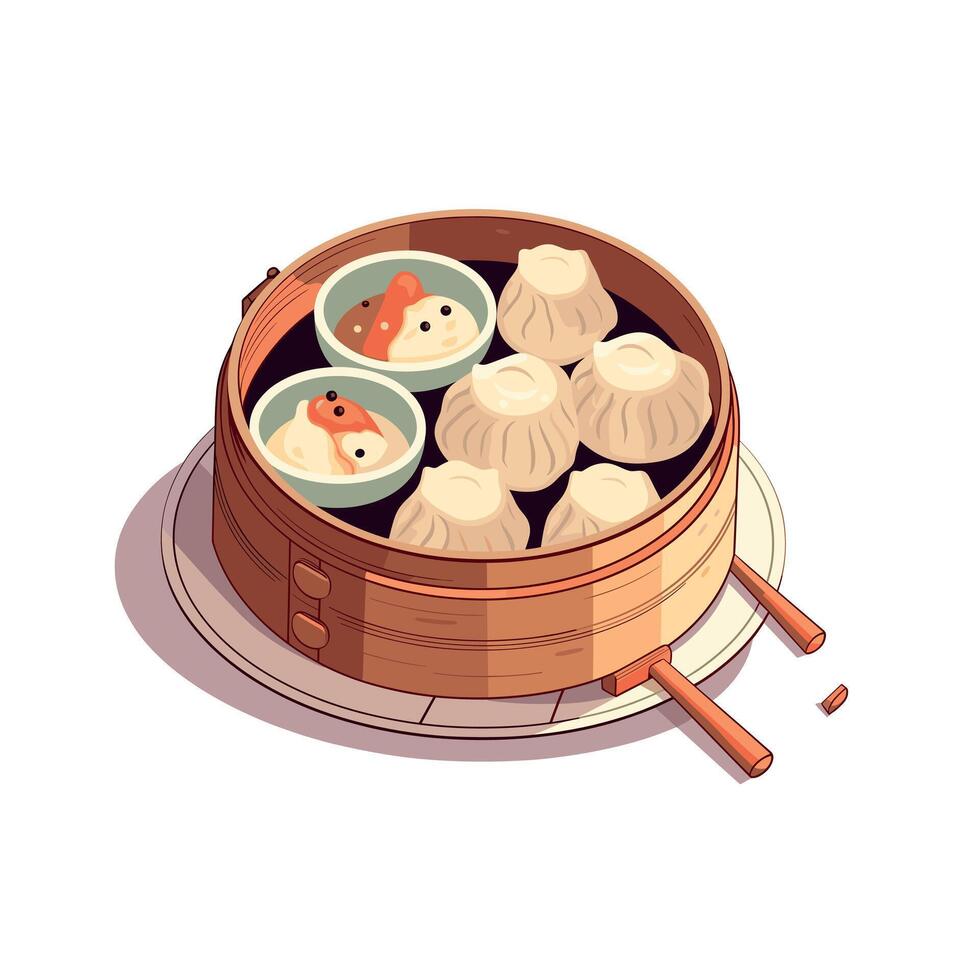 Delicious dim sum served in a bamboo steamer with cute dumplings and colorful fillings for a delightful meal vector