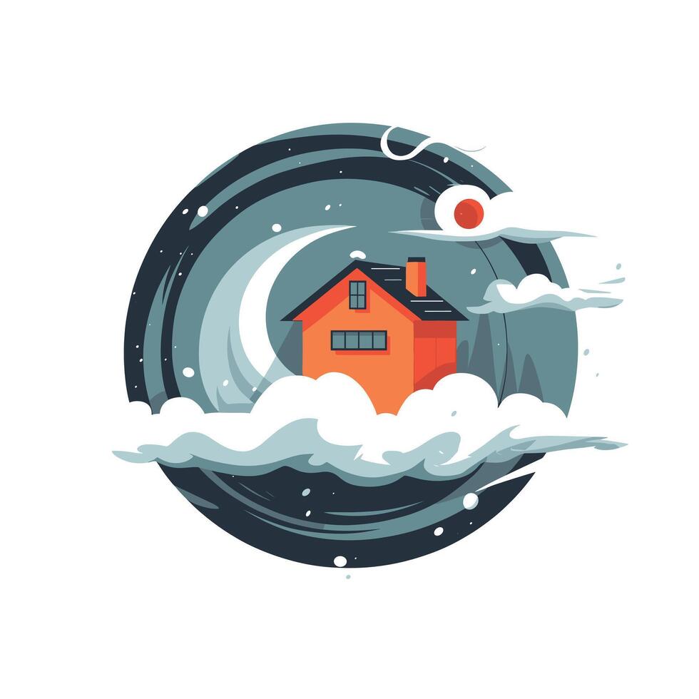 art depicting a cozy house surrounded by swirling clouds and celestial elements in a dreamy setting vector