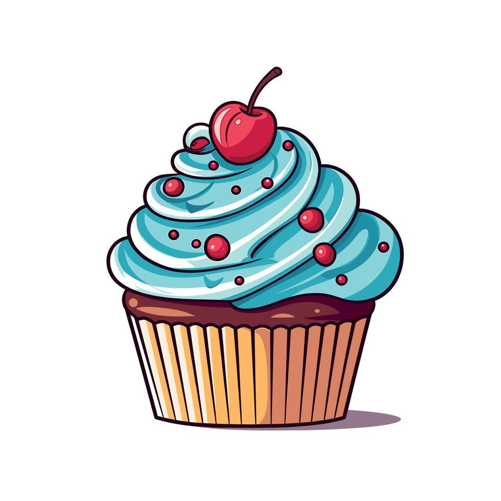 Cupcake with blue frosting and cherry on top presented in colorful art style vector