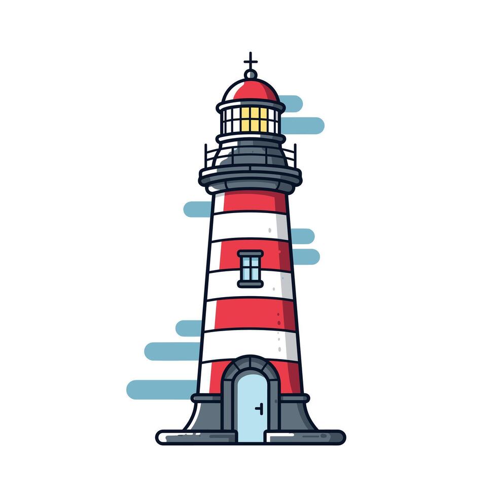 Stylized art of a red and white striped lighthouse by the coast with windows and door vector