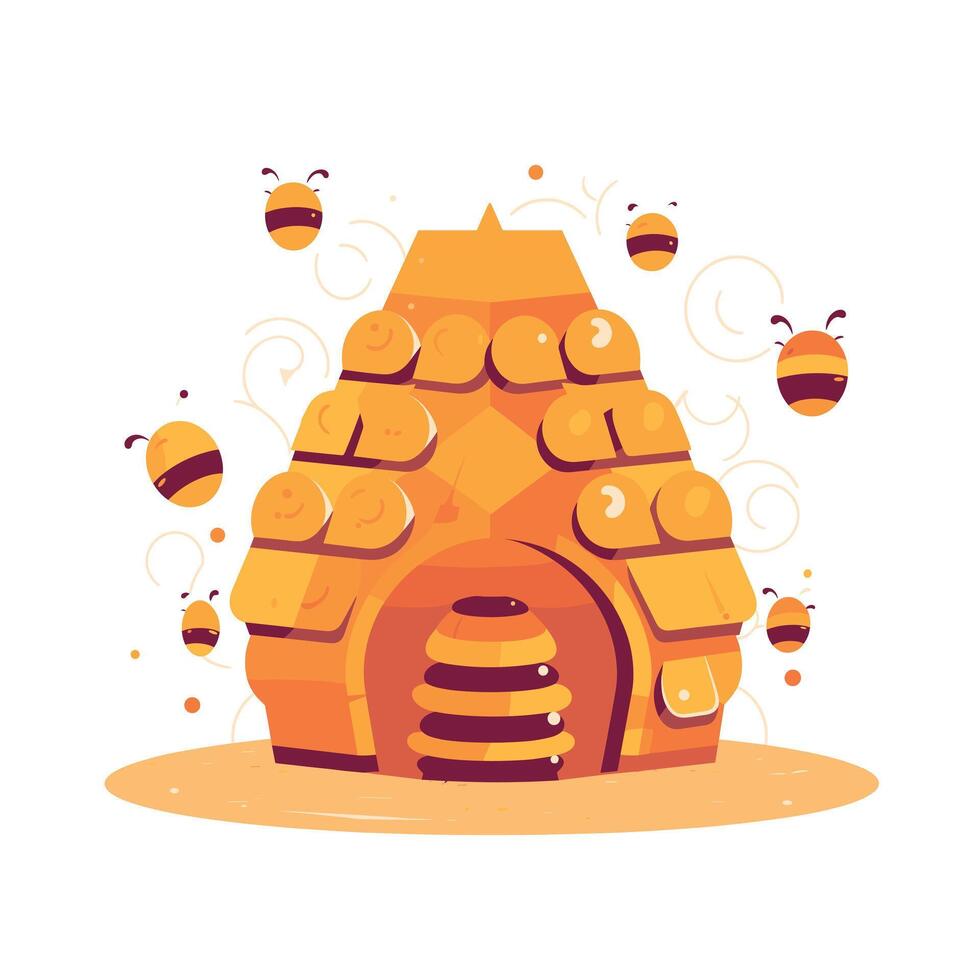 Colorful design of a beehive with buzzing bees in a cheerful illustration vector