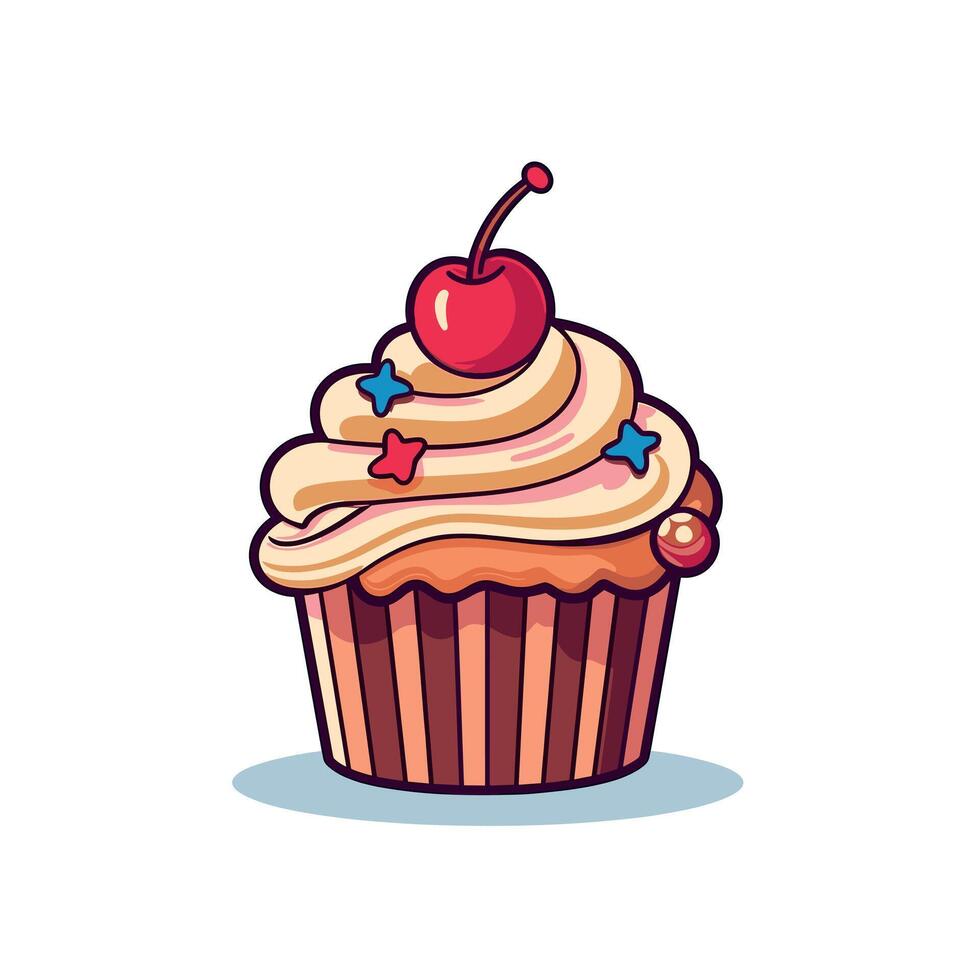 Delicious art cupcake topped with cherry and colorful stars on creamy frosting vector