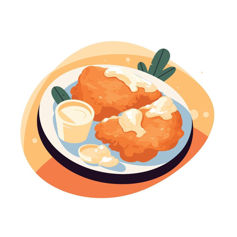 Delicious design showcasing crispy fried chicken with creamy sauce on a plate vector