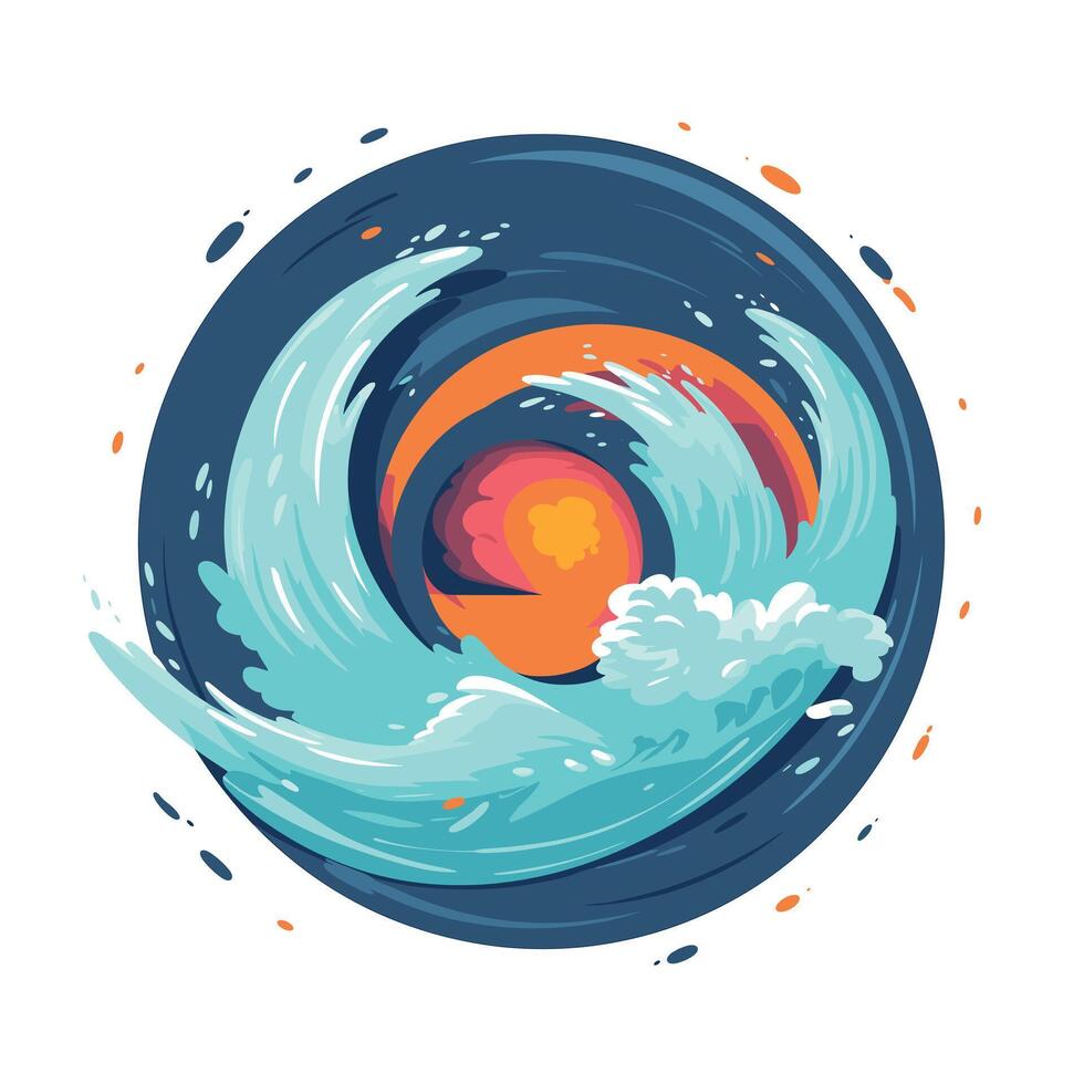 Vivid art showcasing dynamic waves swirling around a vibrant sun in a circular design vector