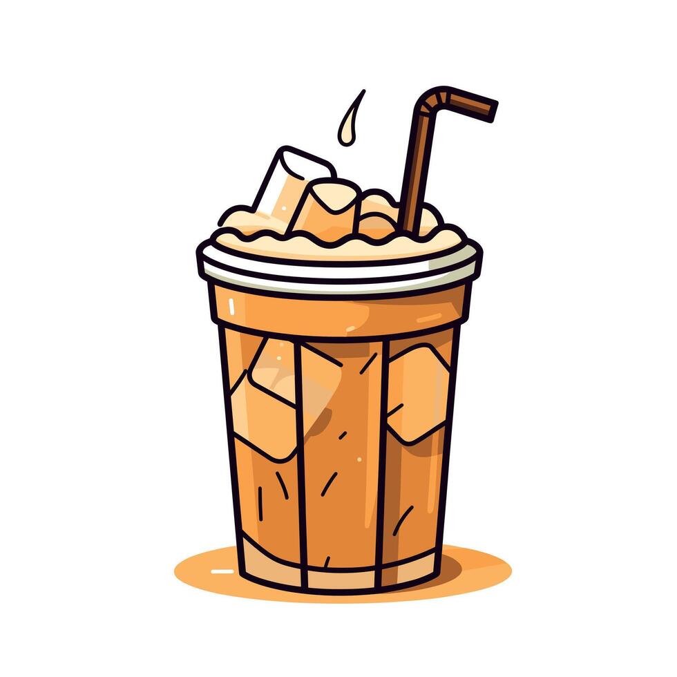 Refreshing iced coffee drink in a clear cup with ice and straw on a bright background vector