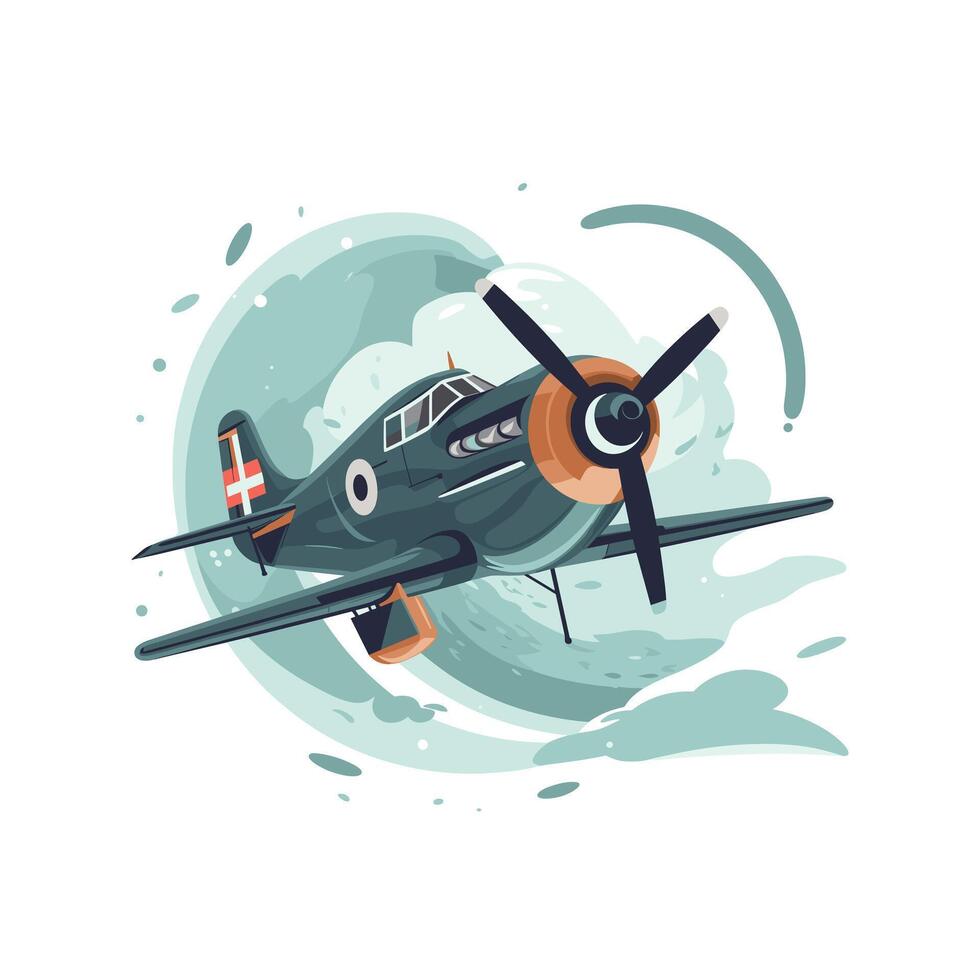 Vintage fighter plane soaring through the clouds vector
